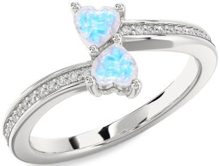 Diamond Emerald Silver Two Heart Birthstone Ring