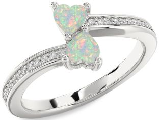 Diamond Emerald Silver Two Heart Birthstone Ring