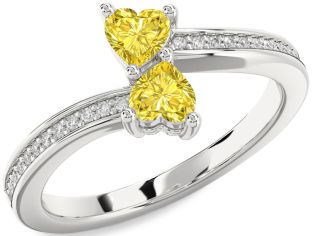 Yellow Diamond Silver Two Heart Ring