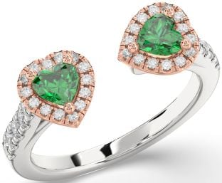 Diamond Emerald White Rose Gold Two Heart Birthstone Ring