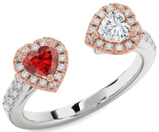 Diamond Emerald Silver & 10K Rose Gold Two Heart Birthstone Ring