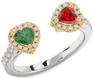 Diamond Emerald Silver & 10K gold Two Heart Birthstone Ring