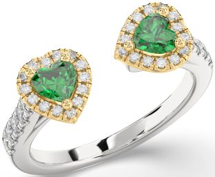 Diamond Emerald Silver & 10K gold Two Heart Birthstone Ring