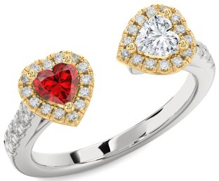 Diamond Emerald Silver & 10K gold Two Heart Birthstone Ring