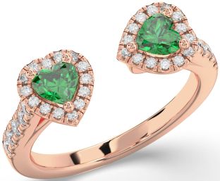 Diamond Emerald Rose Gold Two Heart Birthstone Ring