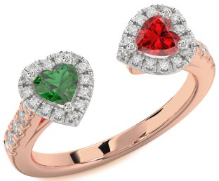 Diamond Emerald White Rose Gold Two Heart Birthstone Ring