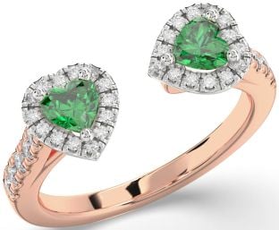 Diamond Emerald Platinum & Rose Gold Two Heart Birthstone Ring