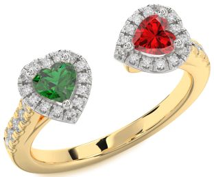 Diamond Emerald White Yellow Gold Two Heart Birthstone Ring