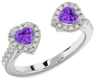 Diamond Emerald Silver Two Heart Birthstone Ring