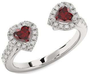 Diamond Emerald Silver Two Heart Birthstone Ring