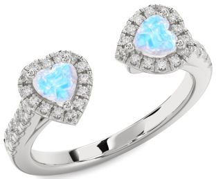 Diamond Emerald Silver Two Heart Birthstone Ring