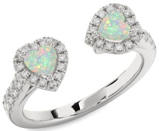 Diamond Emerald Silver Two Heart Birthstone Ring