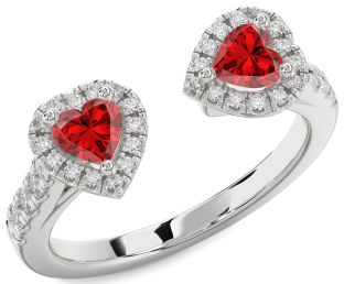 Diamond Emerald Silver Two Heart Birthstone Ring