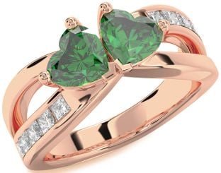 Diamond Emerald Rose Gold Two Heart Birthstone Ring