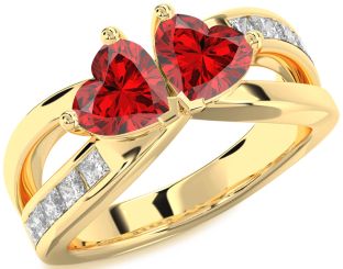 Diamond Emerald Gold Two Heart Birthstone Ring