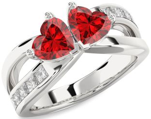 Diamond Emerald Platinum Two Heart Birthstone Ring