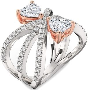 Diamond Silver & 10K Rose Gold Two Heart Ring