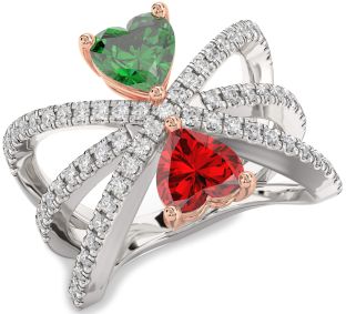 Diamond Emerald Silver & 10K Rose Gold Two Heart Birthstone Ring