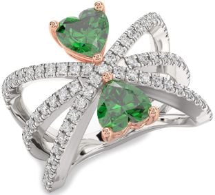 Diamond Emerald White Rose Gold Two Heart Birthstone Ring