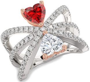 Diamond Emerald Silver & 10K Rose Gold Two Heart Birthstone Ring