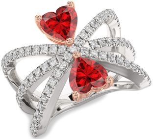 Diamond Emerald Silver & 10K Rose Gold Two Heart Birthstone Ring