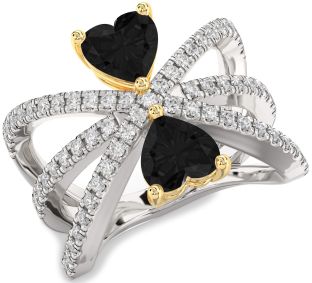Black Diamond Gold Silver Two Heart Ring