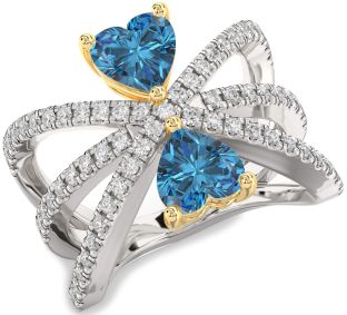 Blue Diamond Gold Silver Two Heart Ring