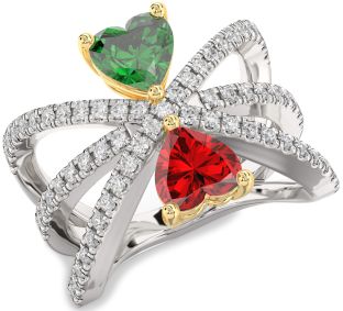 Diamond Emerald Silver & 10K gold Two Heart Birthstone Ring