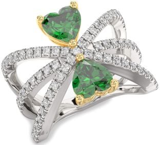 Diamond Emerald Silver & 10K gold Two Heart Birthstone Ring