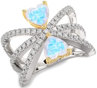 Diamond Moonstone Gold Silver Two Heart Ring