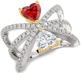 Diamond Emerald Silver & 10K gold Two Heart Birthstone Ring