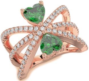 Diamond Emerald Rose Gold Two Heart Birthstone Ring