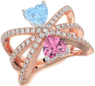Diamond Rose Gold Silver Two Heart Promise Ring