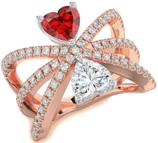 Diamond Emerald Platinum & Rose Gold Two Heart Birthstone Ring