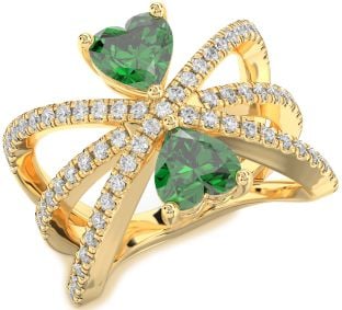 Diamond Emerald Gold Two Heart Birthstone Ring
