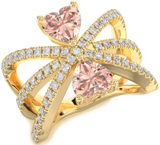 Diamond Morganite Gold Silver Two Heart Ring
