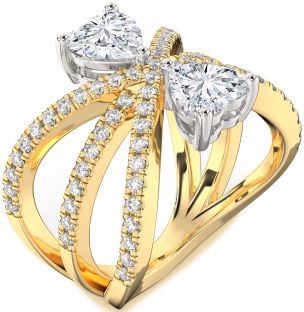Diamond White Yellow Gold Two Heart Ring
