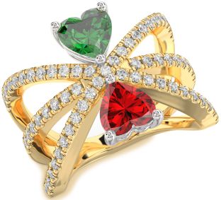Diamond Emerald Platinum & Yellow Gold Two Heart Birthstone Ring
