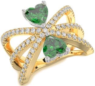 Diamond Emerald Platinum & Yellow Gold Two Heart Birthstone Ring