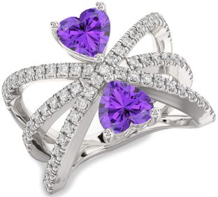 Diamond Emerald Silver Two Heart Birthstone Ring