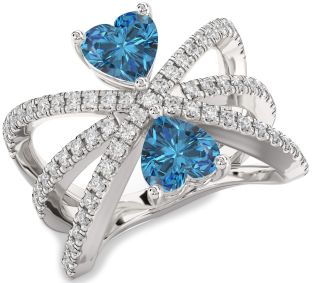 Blue Diamond Silver Two Heart Ring