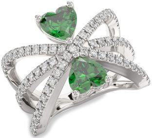 Diamond Emerald Silver Two Heart Birthstone Ring