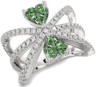 Green Diamond Silver Two Heart Ring