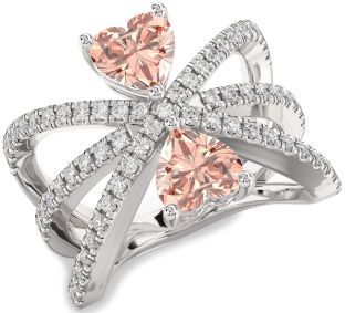 Diamond Morganite Silver Two Heart Ring