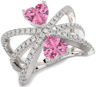 Diamond Pink Sapphire Silver Two Heart Ring
