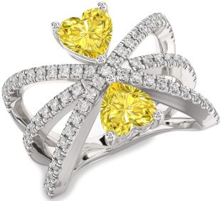 Yellow Diamond Silver Two Heart Ring