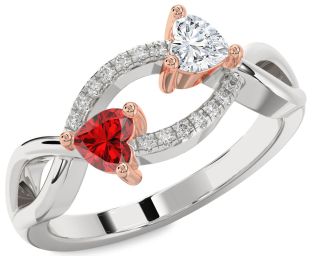 Diamond Emerald Silver & 10K Rose Gold Two Heart Birthstone Ring