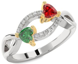 Diamond Emerald Silver & 10K gold Two Heart Birthstone Ring