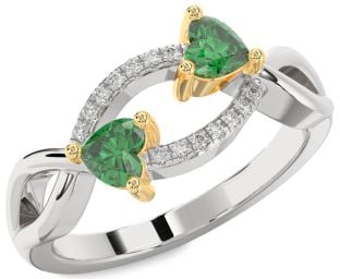 Diamond Emerald Silver & 10K gold Two Heart Birthstone Ring