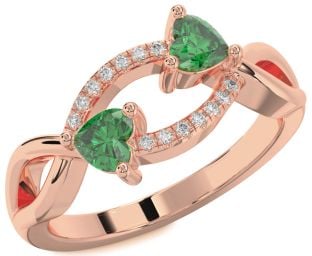 Diamond Emerald Rose Gold Two Heart Birthstone Ring